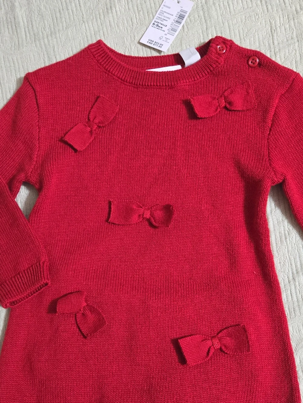 Children's Place Girls Red Knit Baby Dress with Bows Size 6-9 mo NWT - Picture 3 of 9